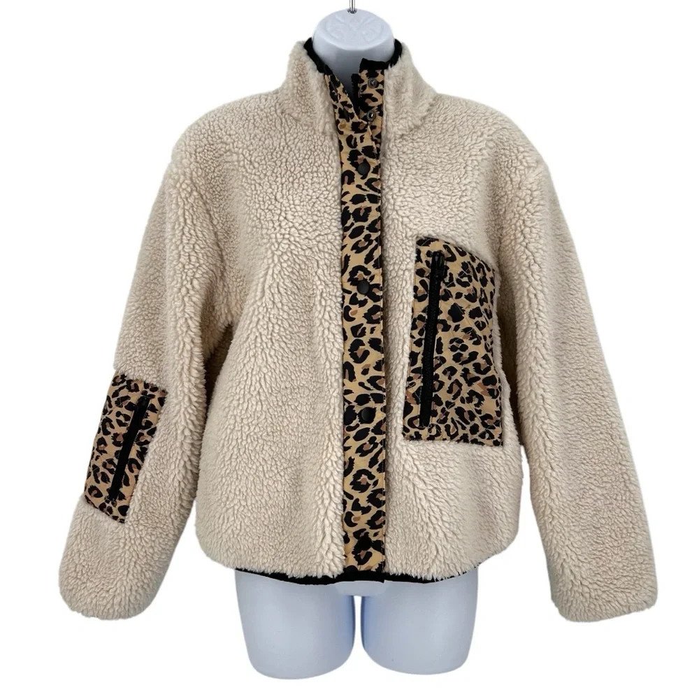 Rails Dean Fleece Teddy Jacket Size XS Ivory Leopard Mix - Picture 12 of 12